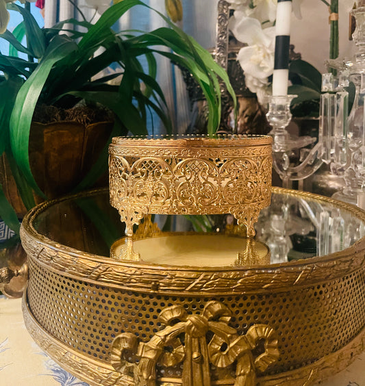 Ornate Round Ormolu & Beveled Glass Jewelry Casket — Vintage Filigree Vanity Box