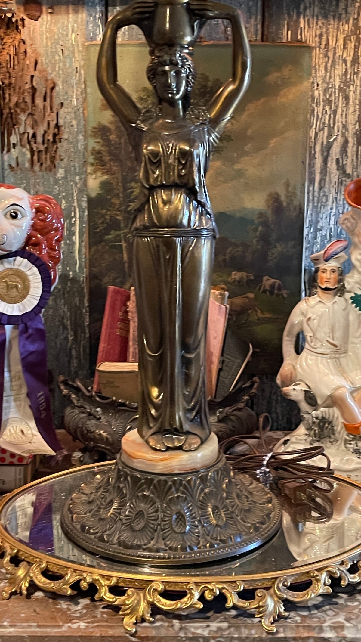 Grand Vintage Classical Revival Caryatid Figural Lamp with Alabaster Base, Vintage Lighting