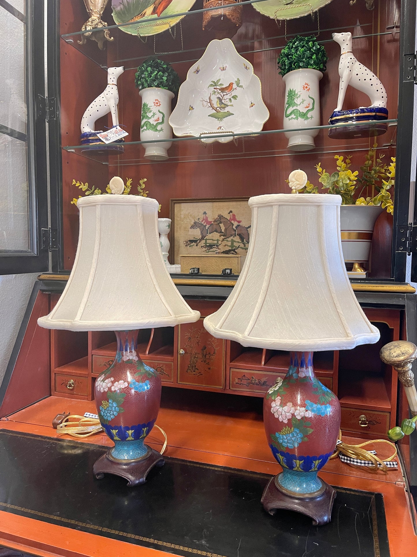 Vintage Pair of Small Chinese Cloisonne Lamps, Estate Decor