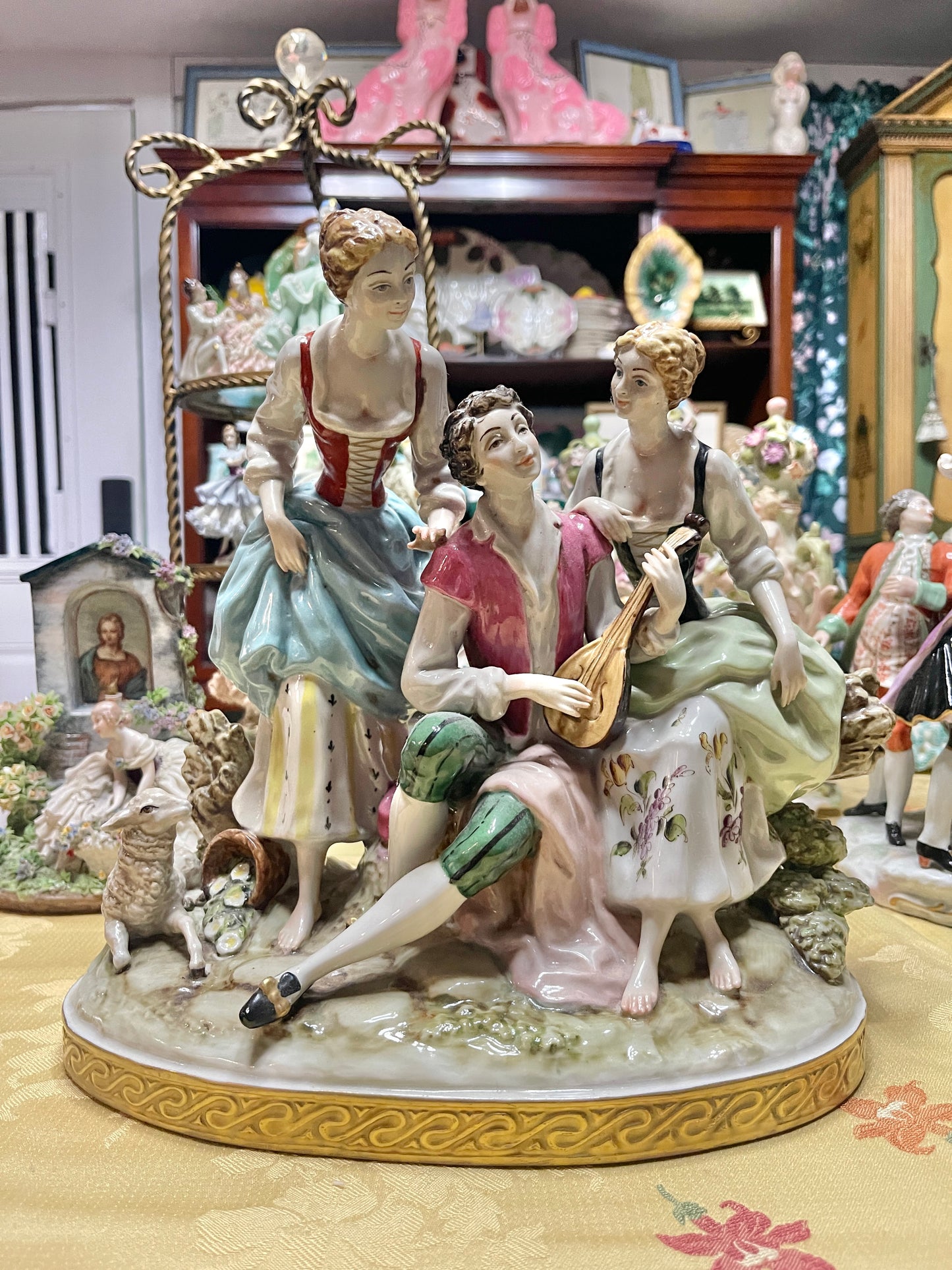 Large Vintage Spanish Porcelain Figural Centerpiece | Rococo Courting Scene with Sheep | 12” Tall