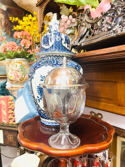 Vintage Bubble Glass Apothecary Jar with Silver Plate Lid & Acorn Finial