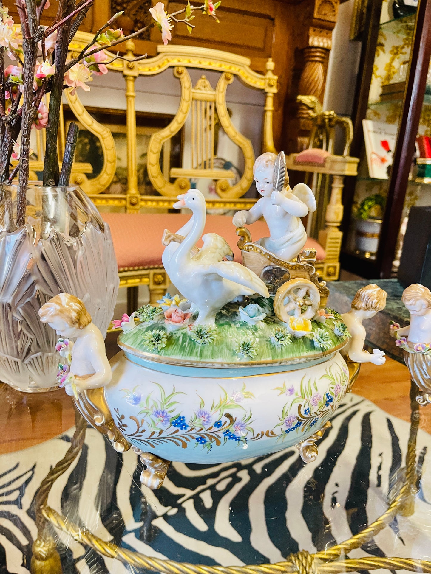 Pair of Vintage Italian Porcelain Cherub Terrines with Swan Chariots