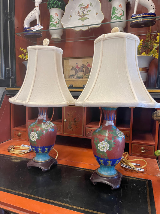 Vintage Pair of Small Chinese Cloisonne Lamps, Estate Decor