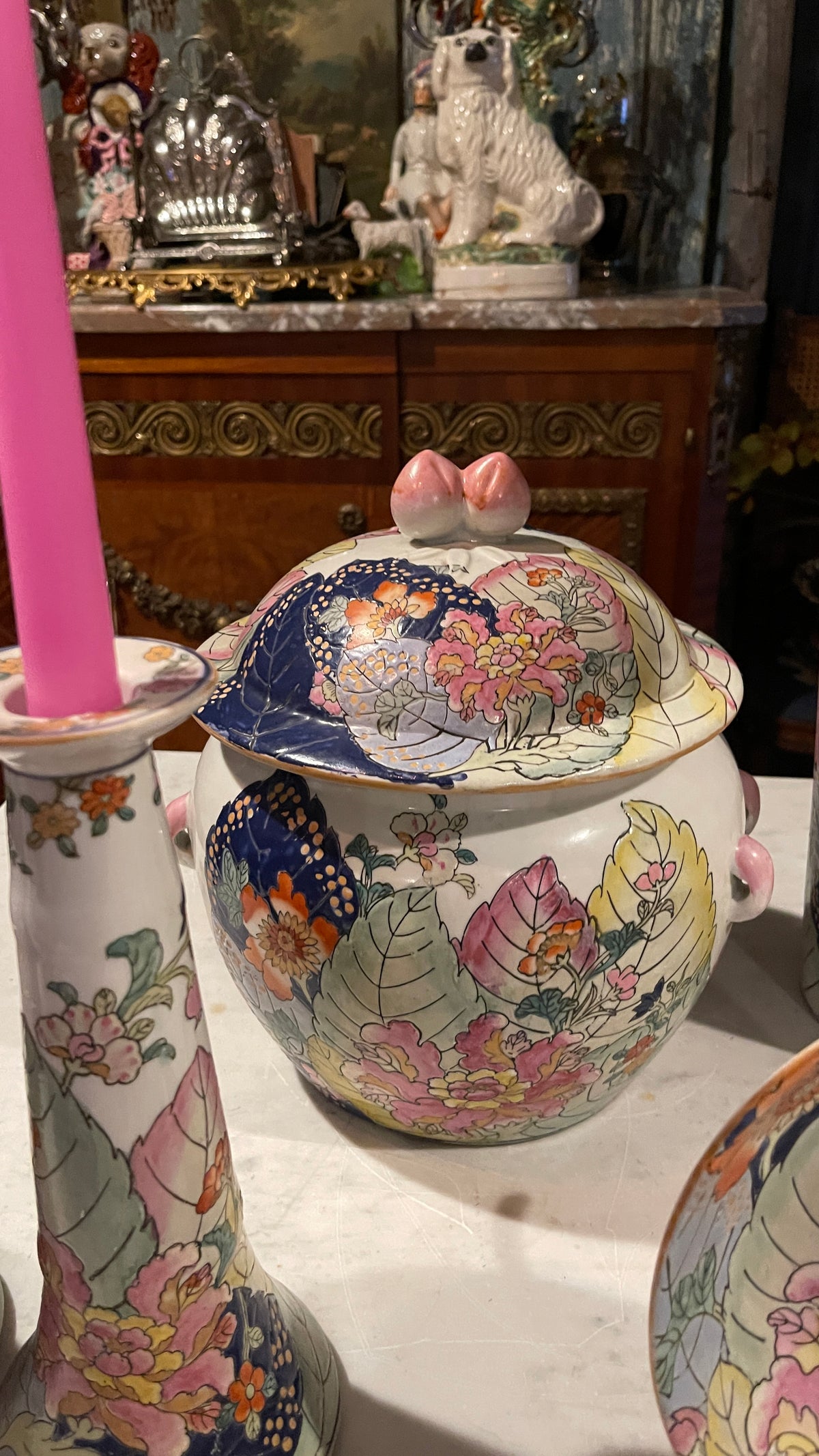 Vintage Tobacco Leaf Covered Jar with Peach Finial & Pink Handles | 11” Tall