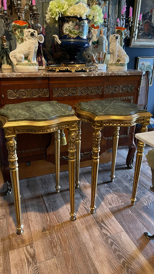 Pair of Giltwood Side Tables with Green Marble Tops | Louis XVI Style Accent Tables, Vintage, Estate Sourced