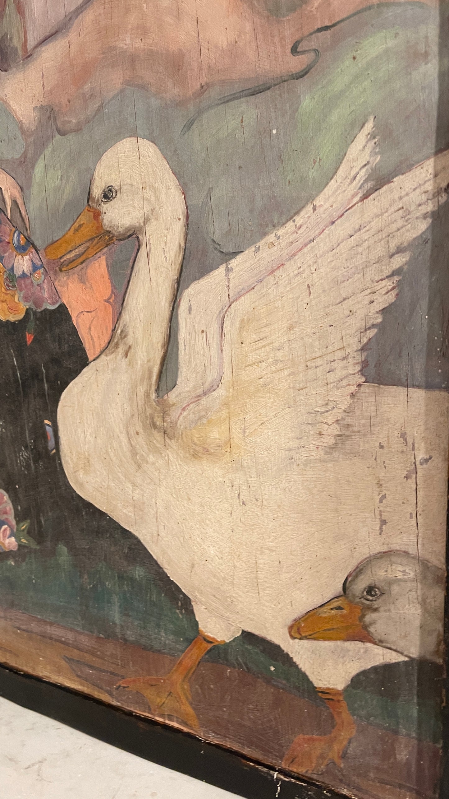 Early 20th Century Hand-Painted Storybook Fireplace Screen with Girl & Geese