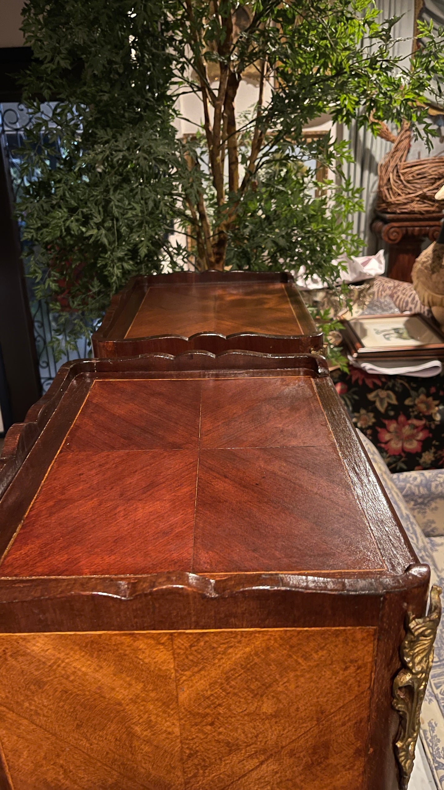 Pair of French Louis XV Style Leather Faux Book Front Bedside Cabinets | Ormolu Mounted Mahogany & Parquetry Side Tables