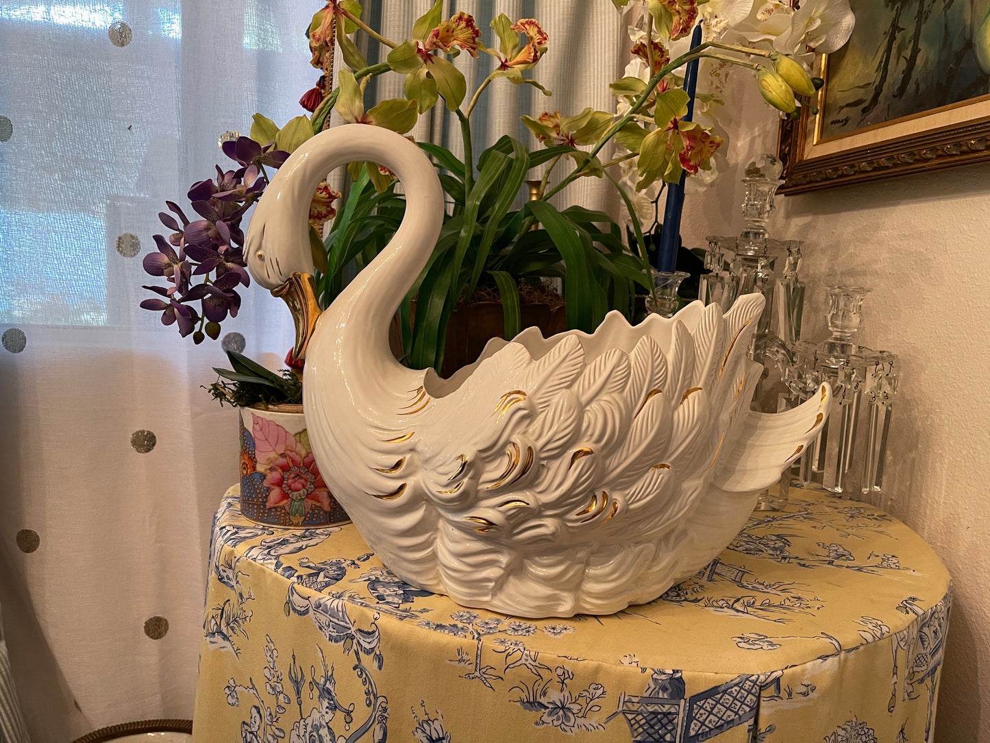 Vintage Italian Swan Planter, Hand Painted, Gold Detail
