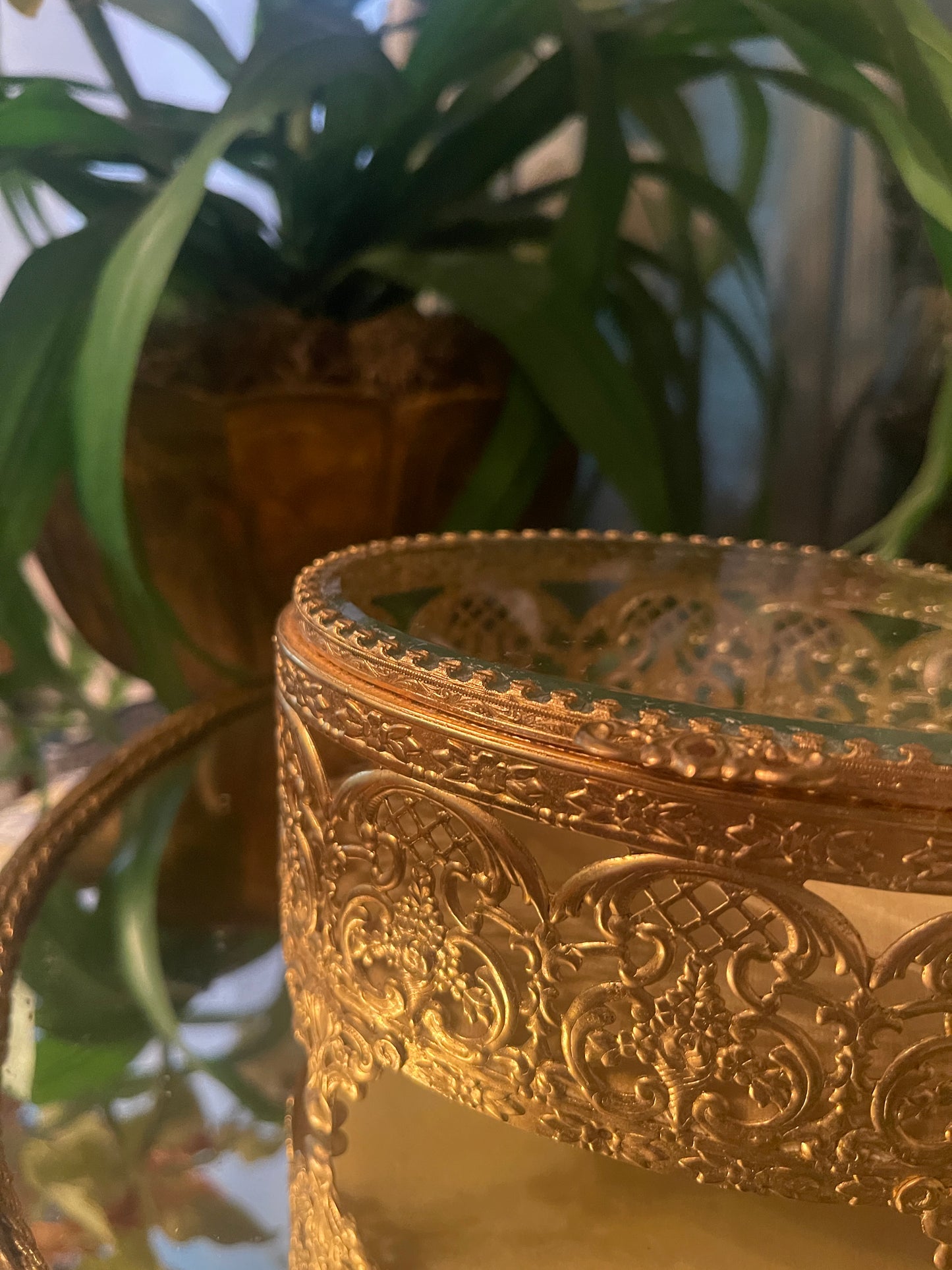 Ornate Round Ormolu & Beveled Glass Jewelry Casket — Vintage Filigree Vanity Box