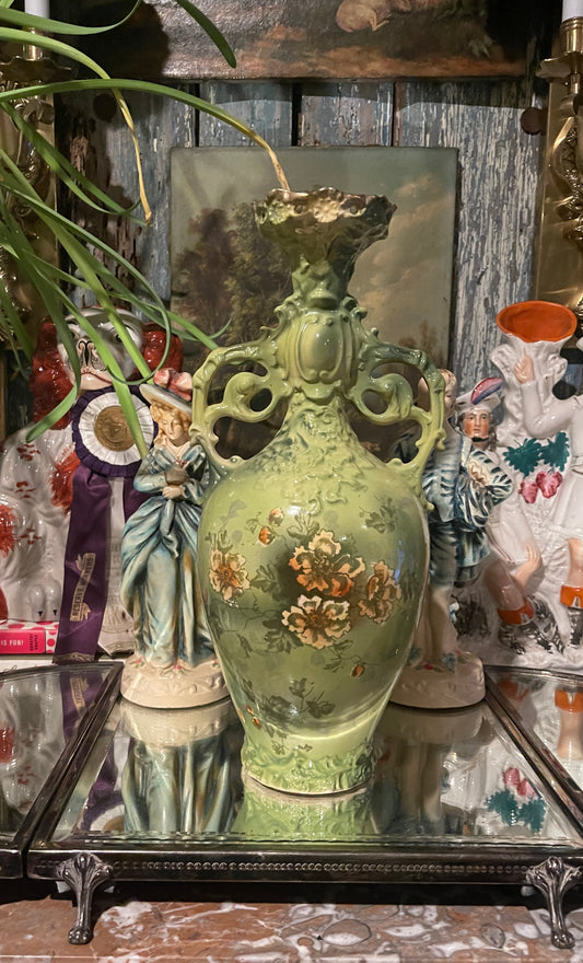 Antique Art Nouveau Green Floral Vase with Sculptural Handles | European Pottery, c. 1895–1915