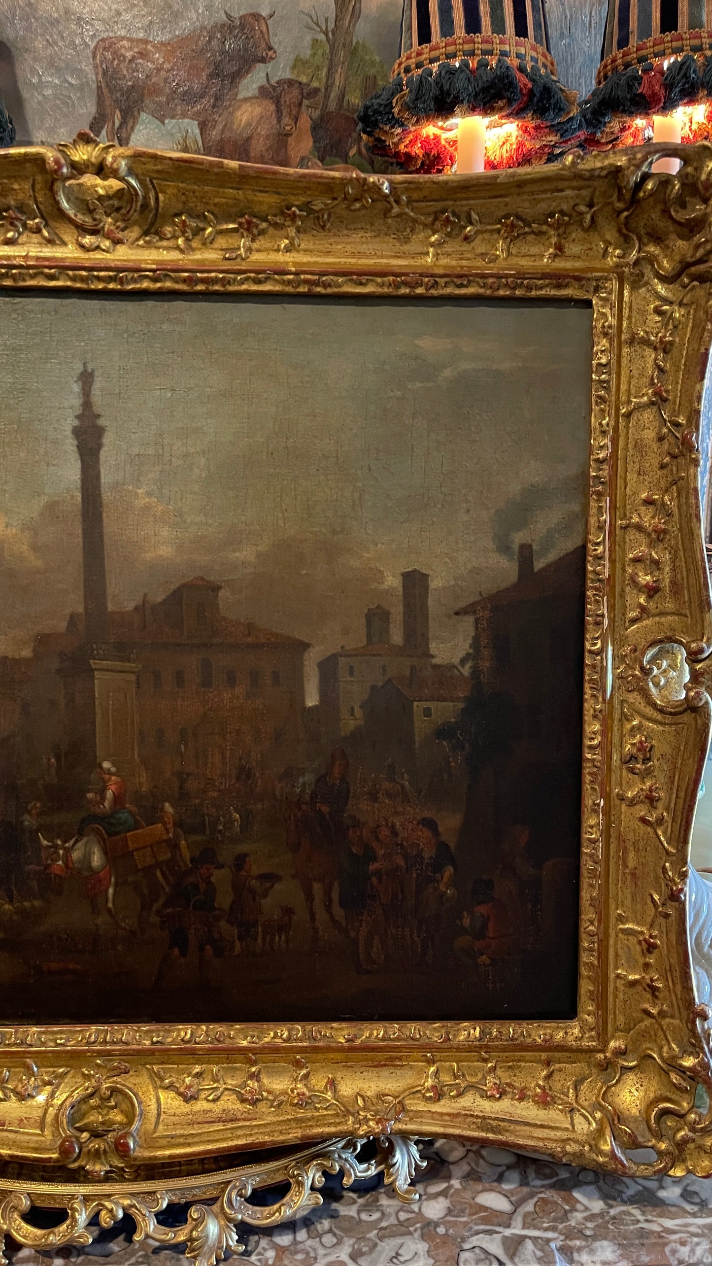 19th-Century European Oil Painting of Market Scene, Florence in an Exceptional Barbizon Frame