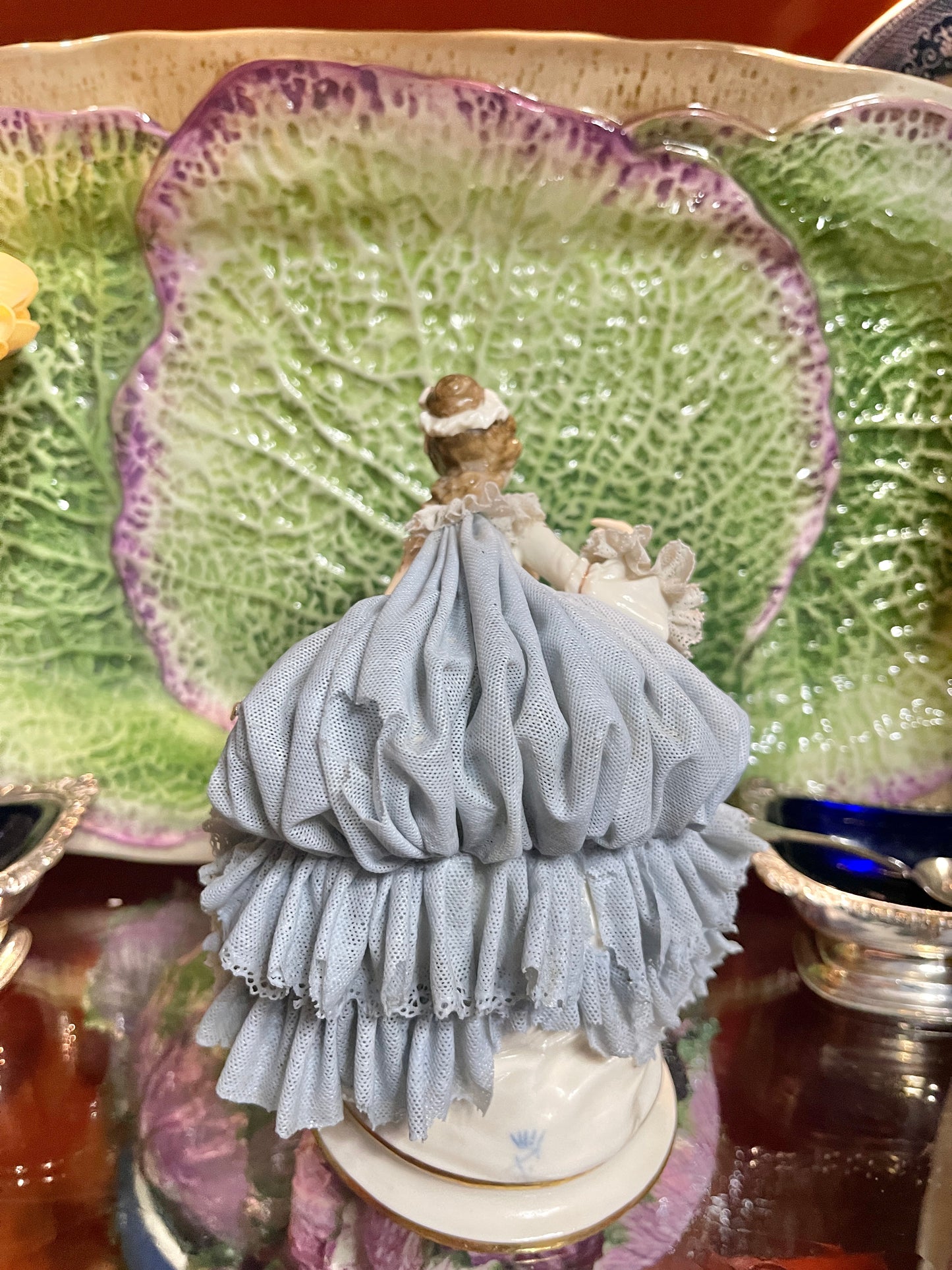 Vintage German Porcelain Dresden-Style Lace Lady Figurine | Volkstedt Style | Blue & White with Bows & Gilding