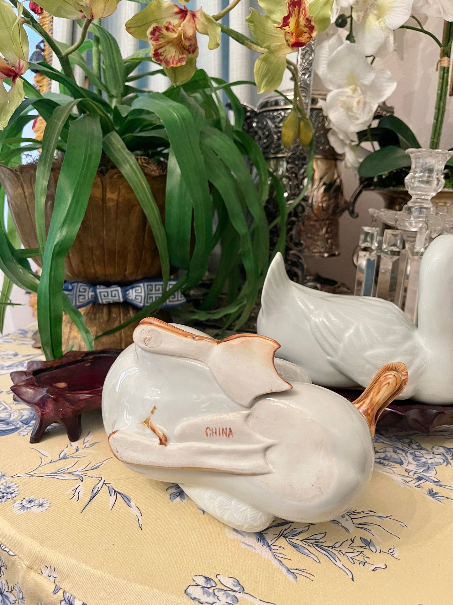 Pair of 20th Chinese Export Celadon Glazed Porcelain Pekin Ducks on Teak Stands