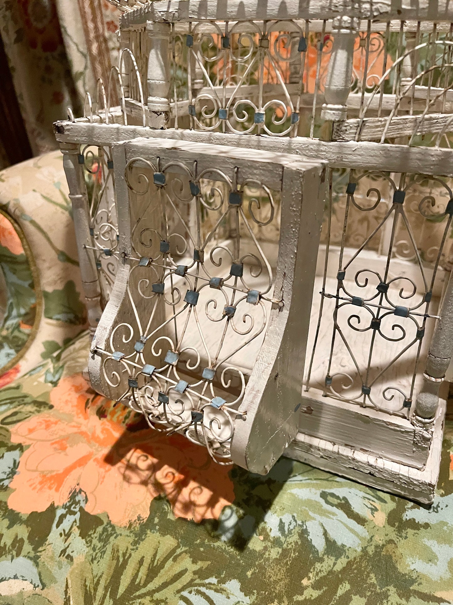 Victorian Balloon Bird Cage, French Blue and White Chippy Wood and Tole, Vintage