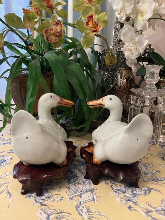 Pair of 20th Chinese Export Celadon Glazed Porcelain Pekin Ducks on Teak Stands