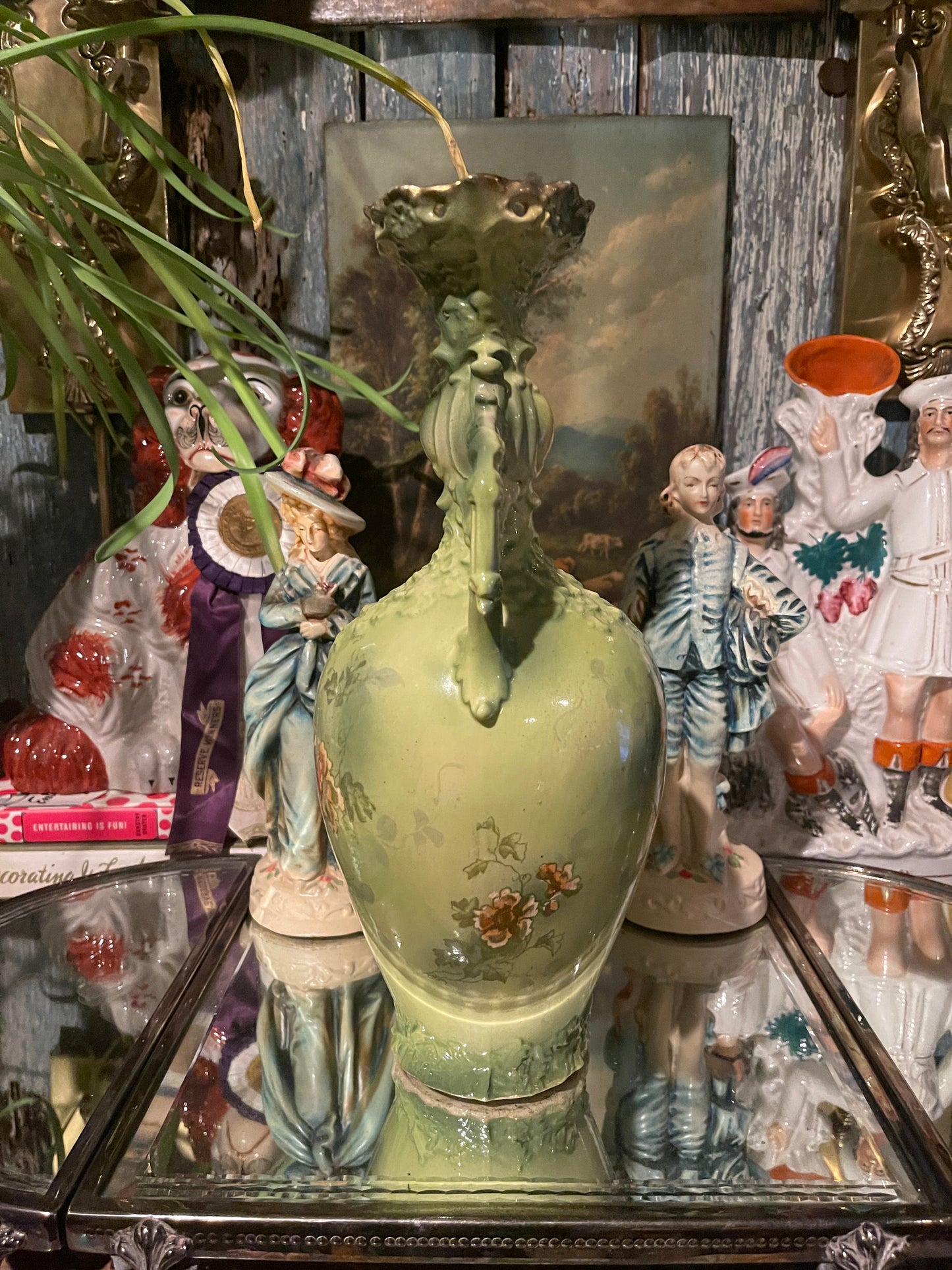 Antique Art Nouveau Green Floral Vase with Sculptural Handles | European Pottery, c. 1895–1915