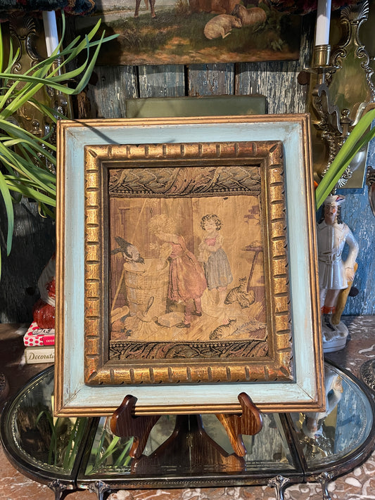 Framed French Tapestry Wall Art — Charming Children’s Scene in Gilt & Painted Frame