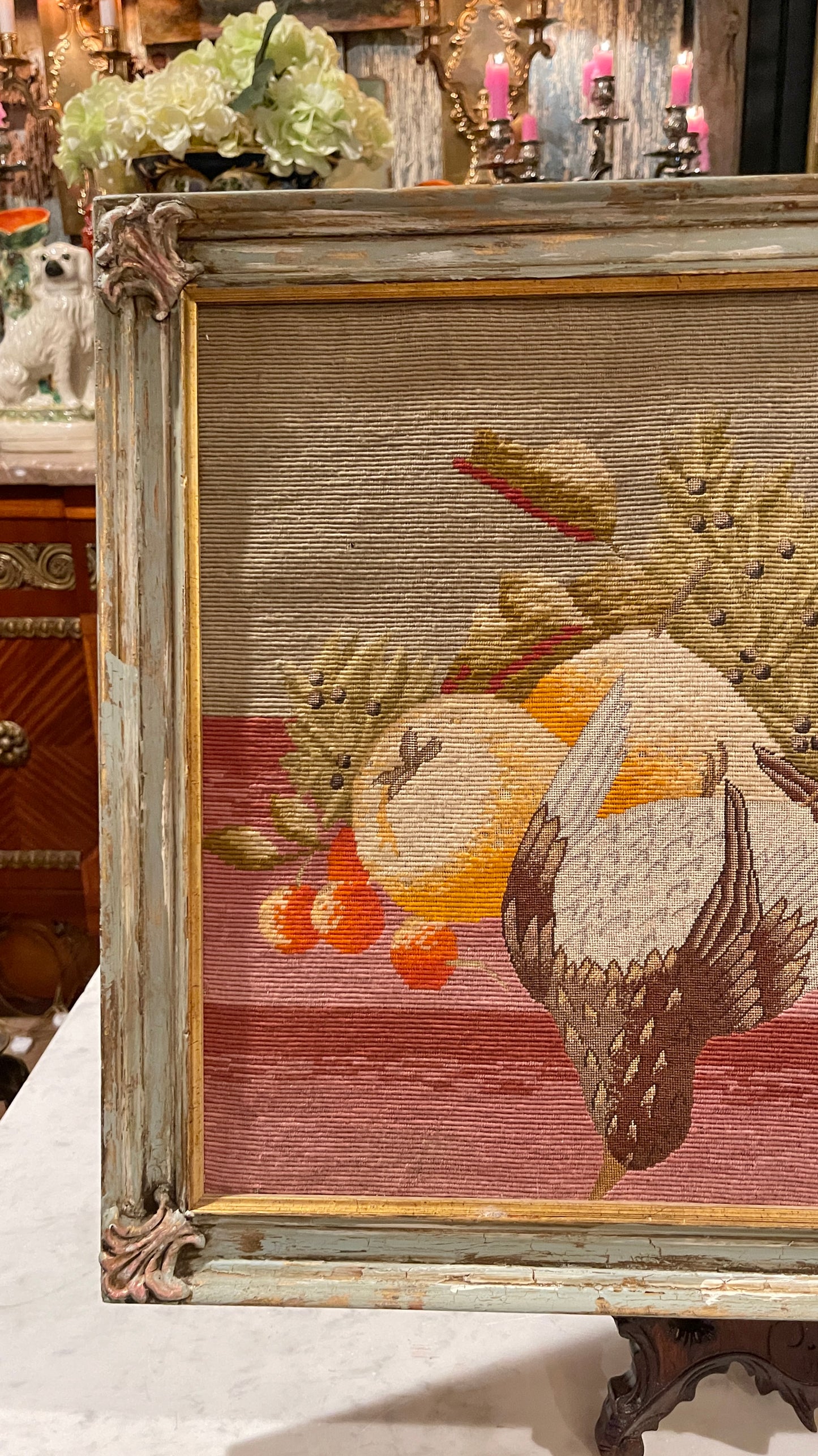ANTIQUE GAME BIRD NEEDLEPOINT & PETIT POINT IN CUSTOM-FINISHED WOOD FRAME, Country French