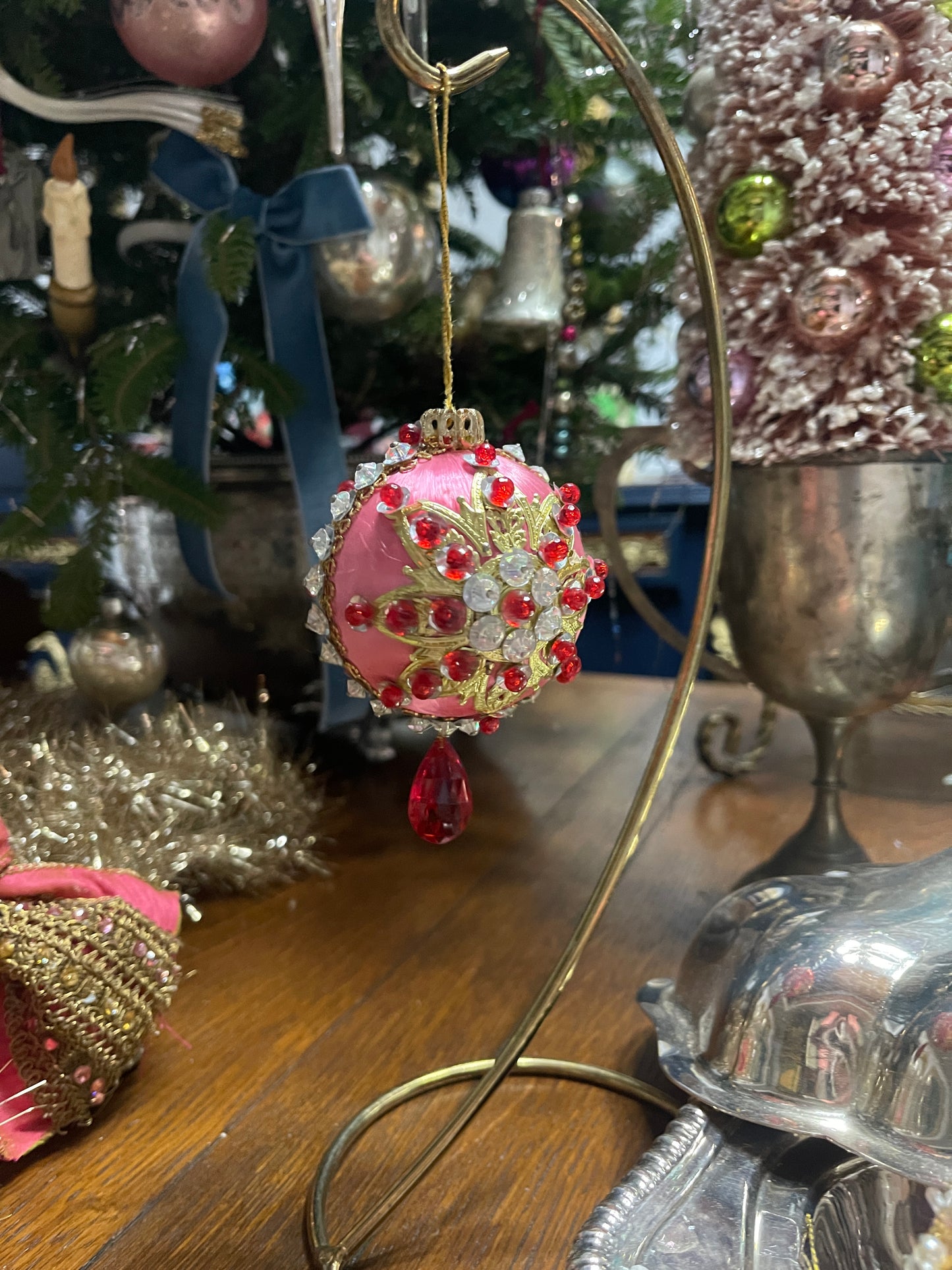 Vintage Pink, Red, and Gold Push Pin Christmas Ornament