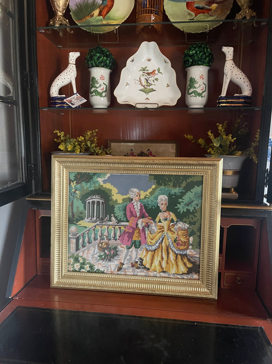 Vintage French Courting Couple Needlepoint, Framed, Estate Decor