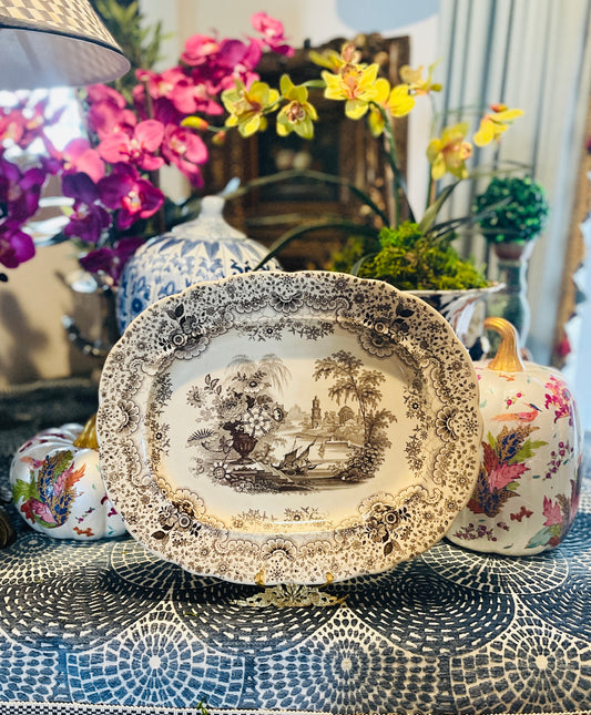 Brown and White Transferware Platter