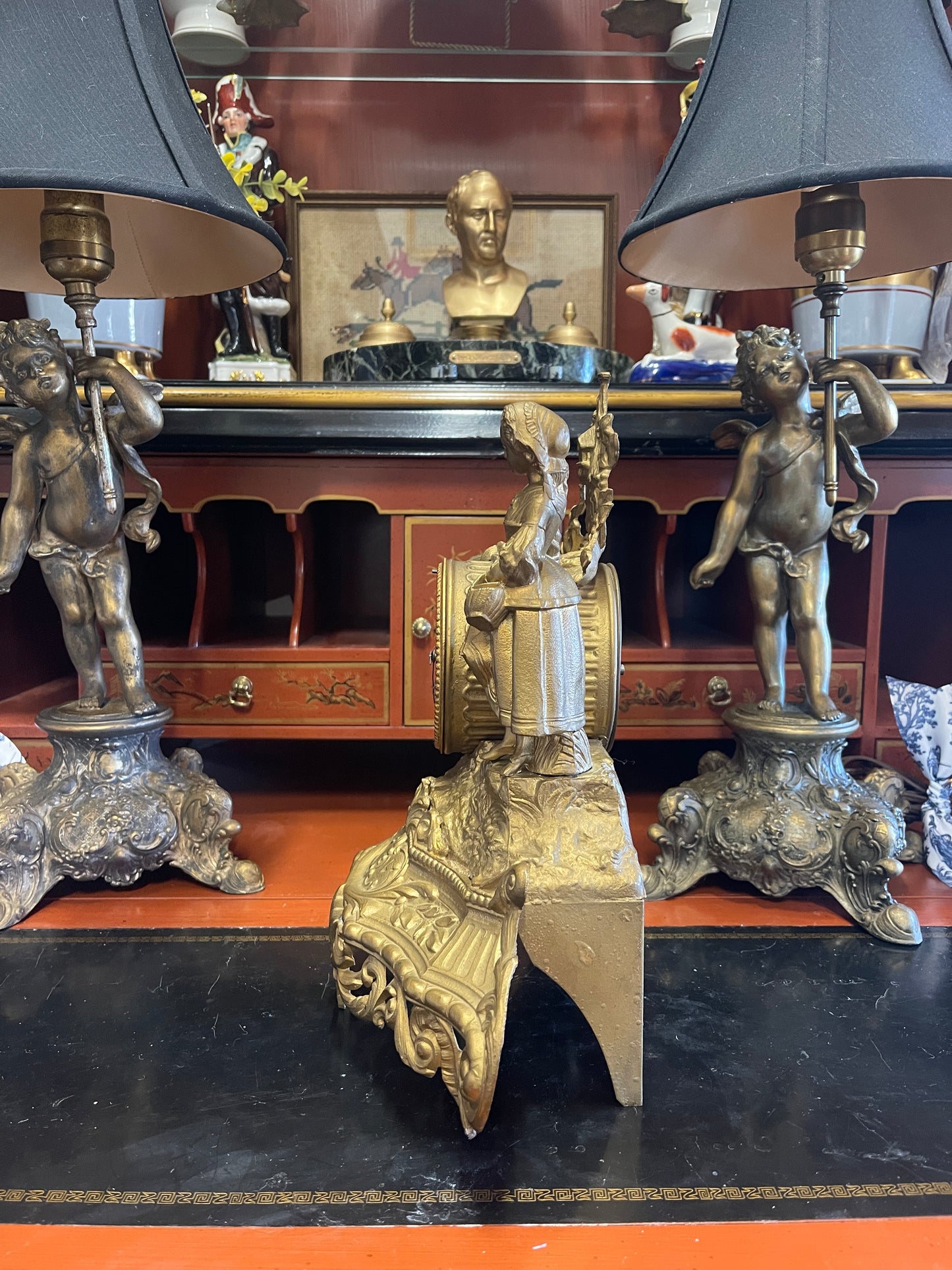 French Gilt Spelter Mantle Clock, 19th Century PH Mourey Figural Clock