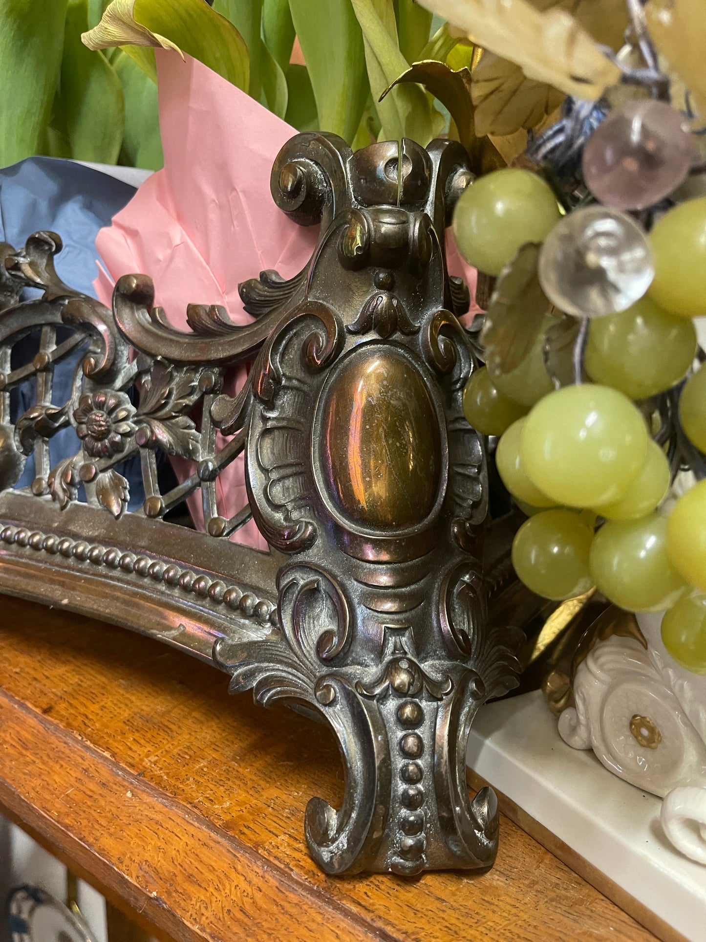 Antique French Louis XV-Style Cast Fireplace Fender with Figural Face Mascaron, Estate Sourced, Rococo Scrollwork