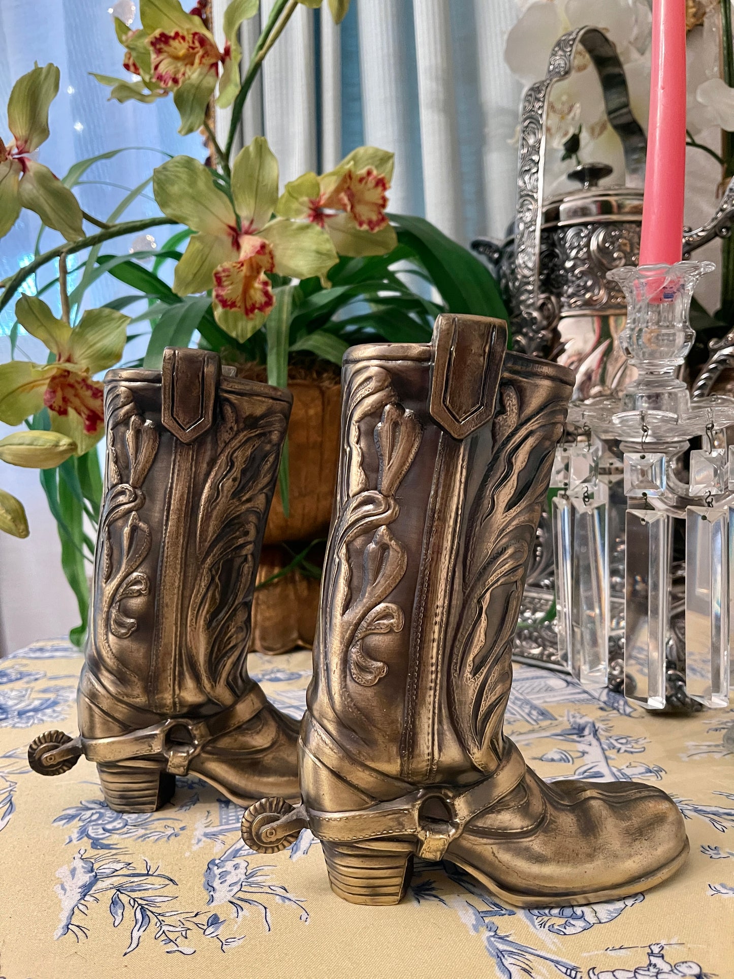 Vintage Metal Cowboy Boot Vase with Spur, Embossed Design, Estate Decor