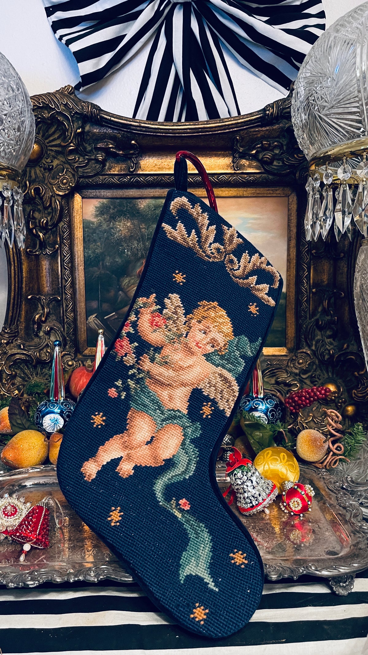 Vintage Cherub Needlepoint Christmas Stocking with Blue Velvet Backing