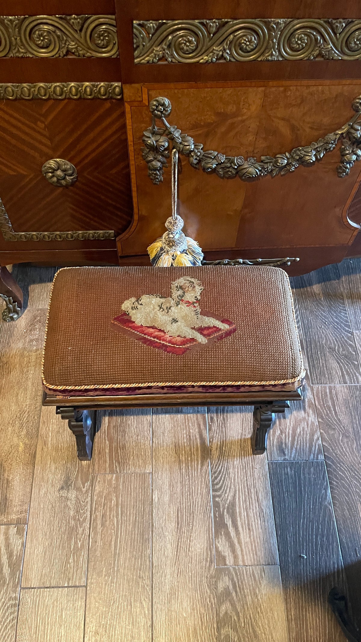 Antique Eastlake-Style Dog Needlepoint Storage Bench