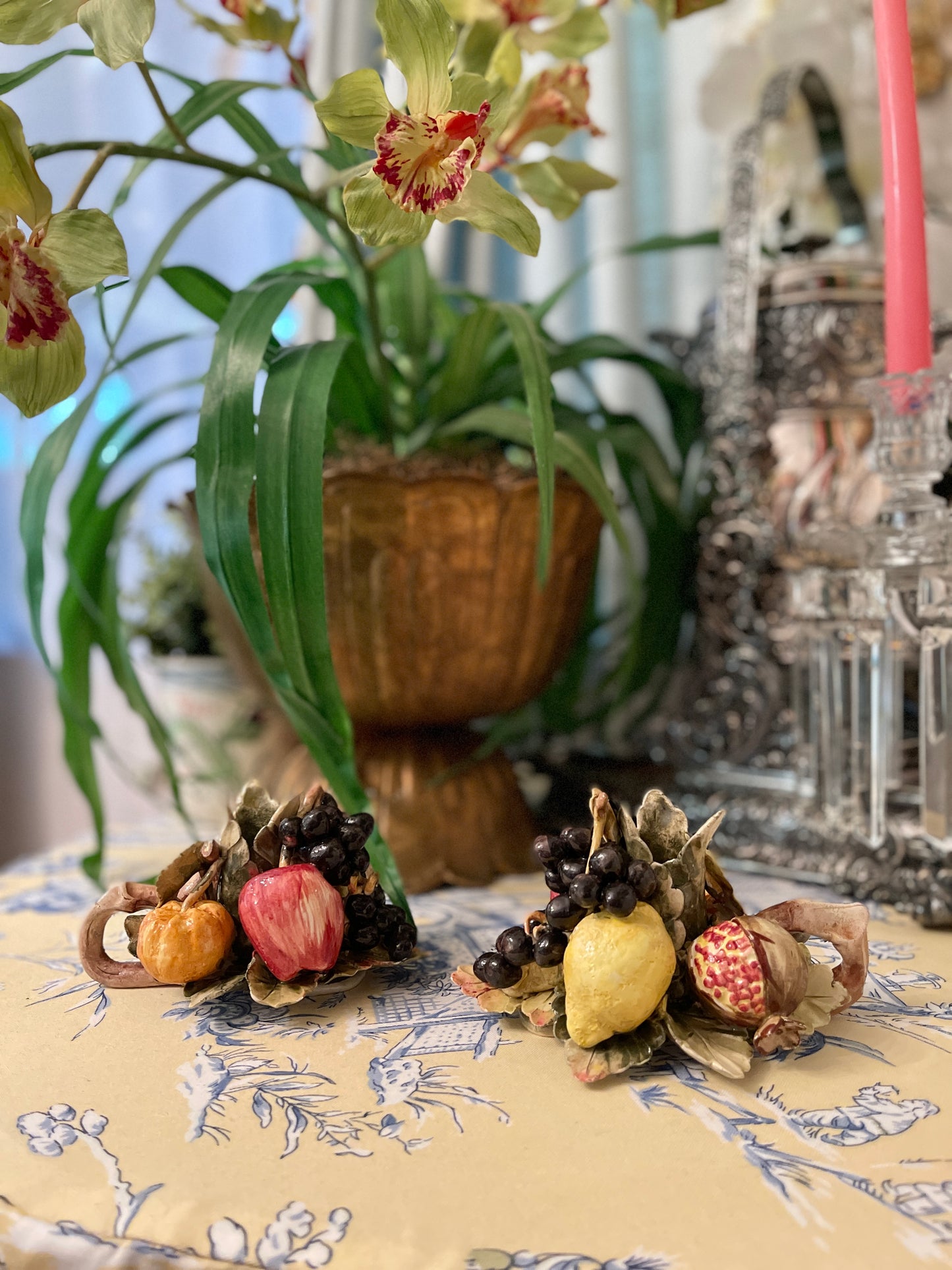Vintage Italian Lemon, Pomegranate, and Grape Porcelain Candleholder Pair, Hand painted Estate Decor, Capodimonte