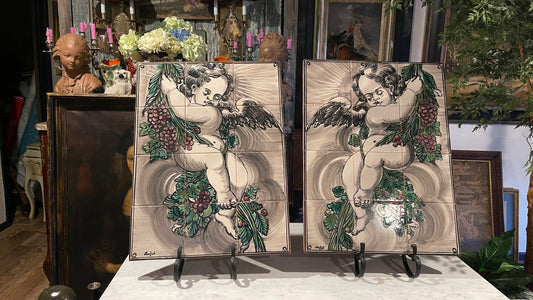 Right Facing - Hand Painted Italian Winged Putti Tile Mural | Signed Angelo | 12-Tile Architectural Wall Panel