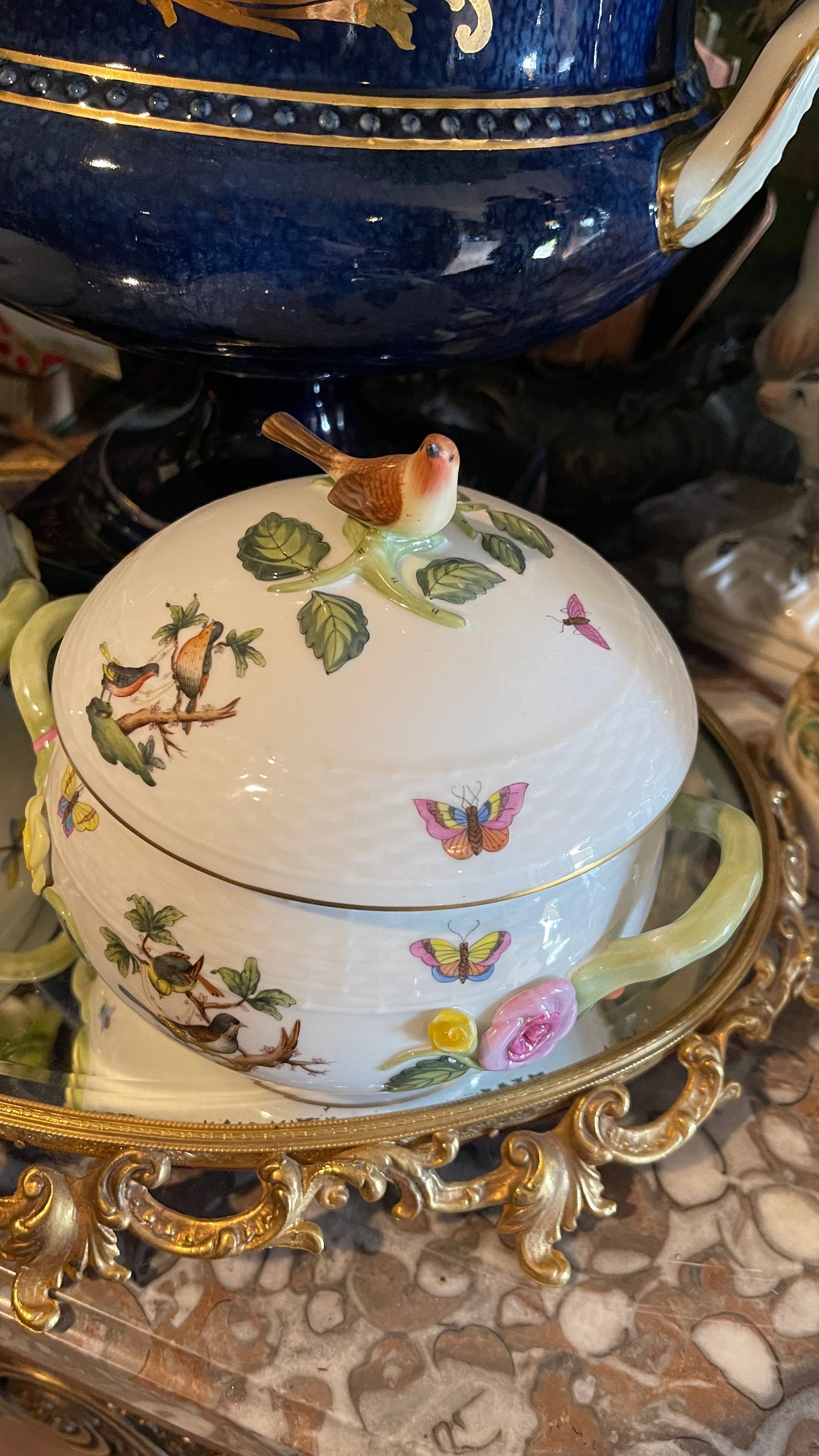 Herend Rothschild Bird Covered Bean Pot – Mixed Scene (Necklace & Woodland)