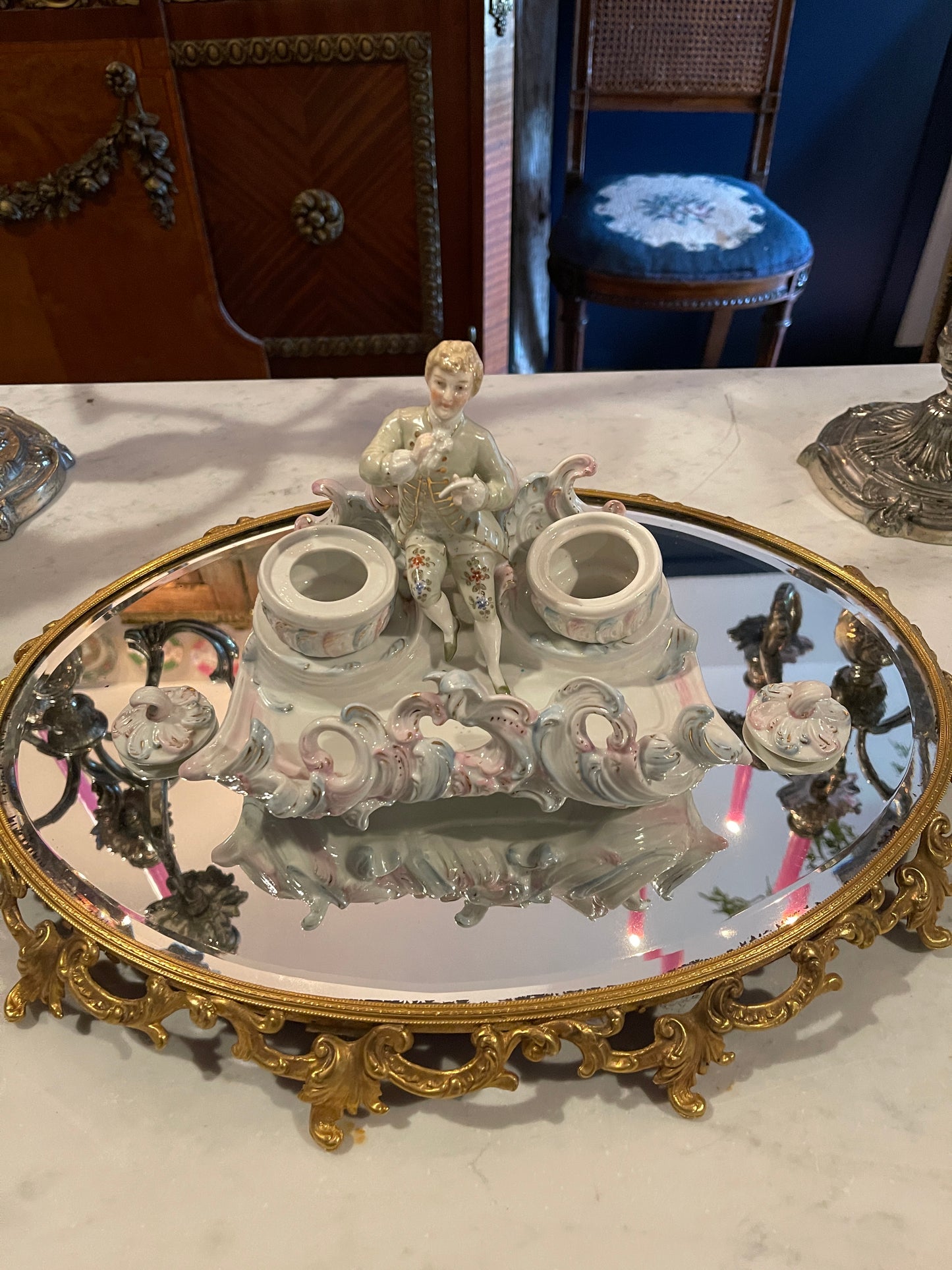 French Rococo-Style Porcelain Figural Inkwell with Lidded Inkwells