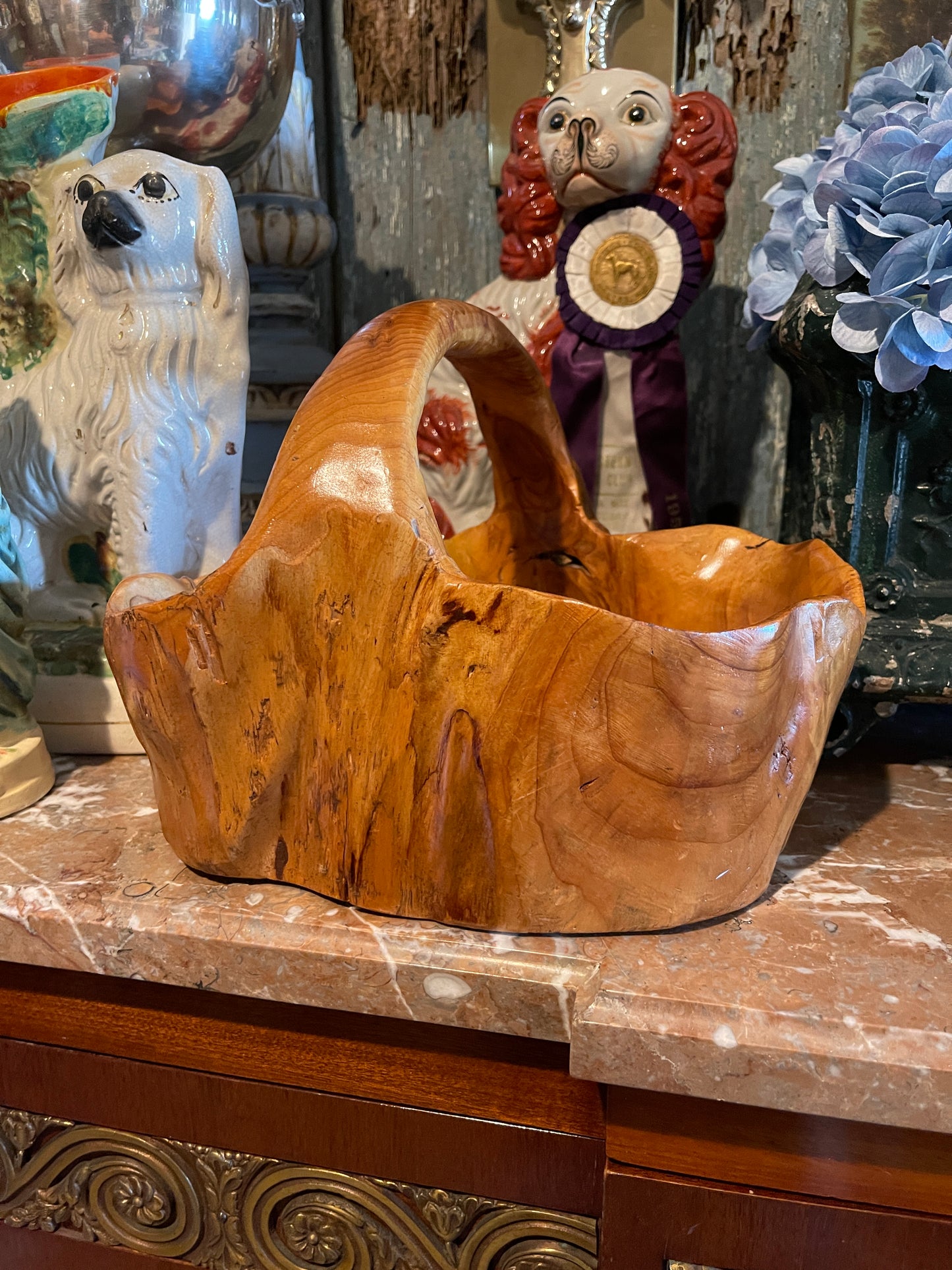Vintage Burl Wood Basket Bowl with Handle, Round Top Find
