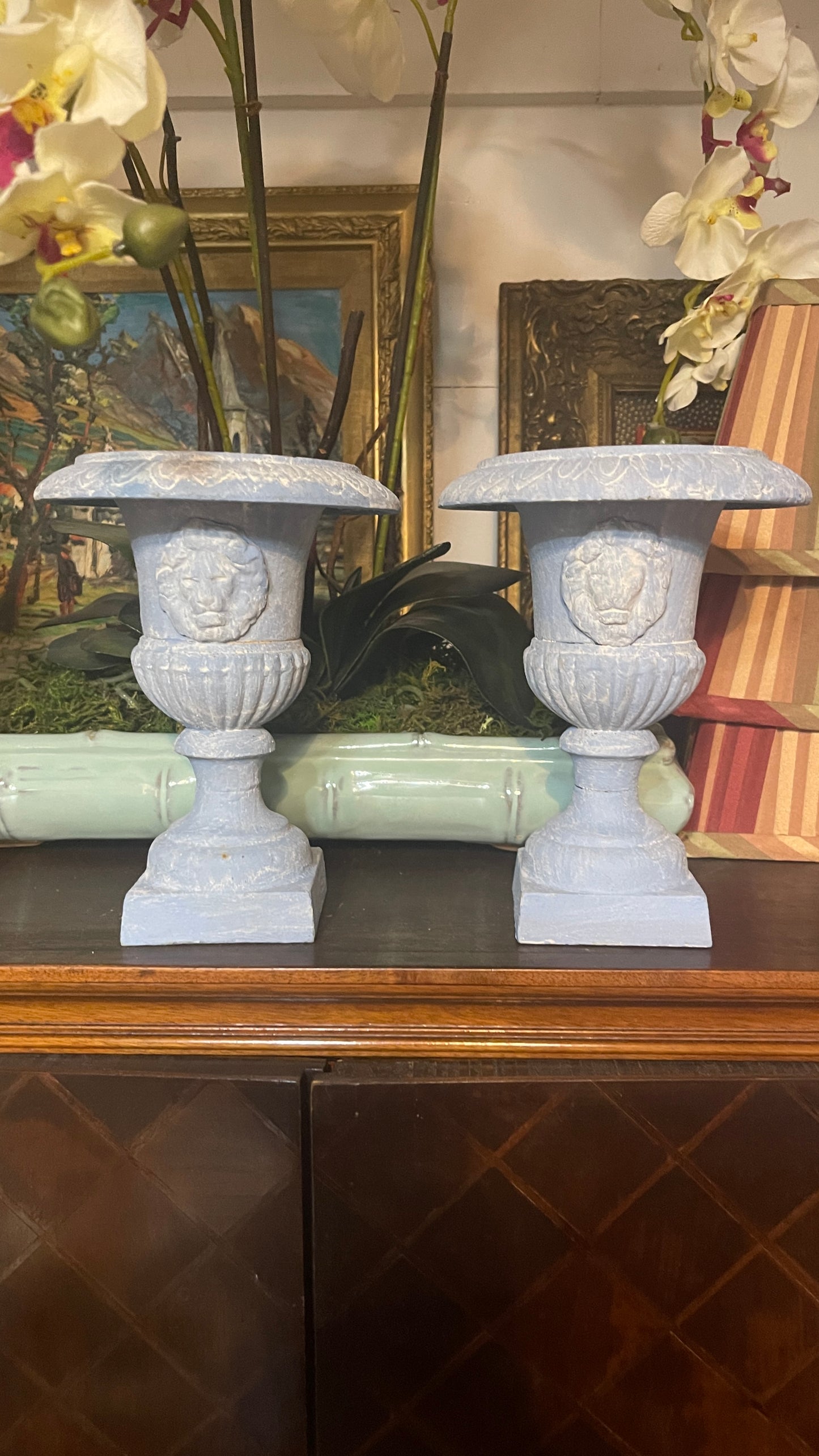 Vintage Cast Iron Lion Mask Urn with Custom Blue & White Finish