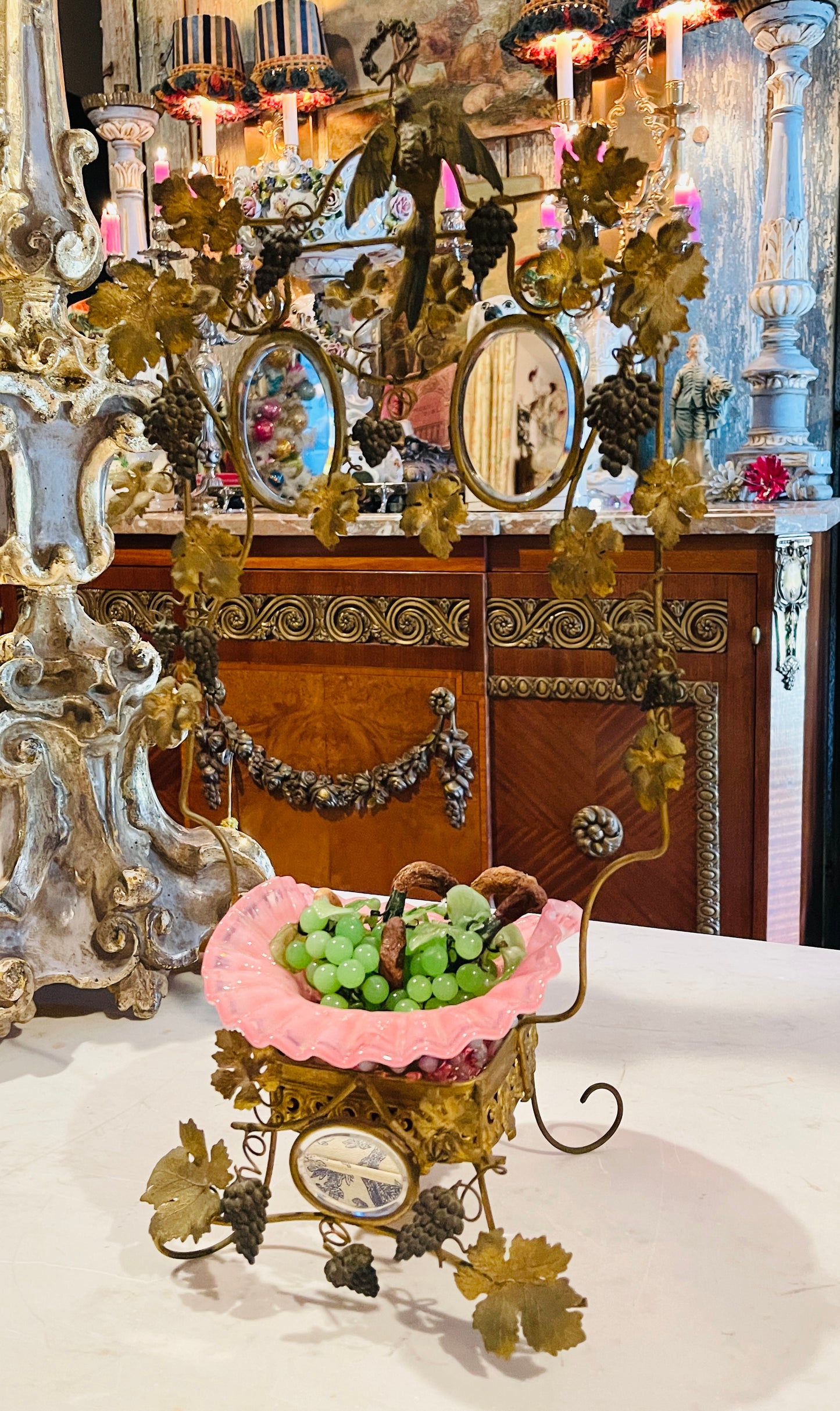 Victorian Grapevine Centerpiece with Mirrors & Bird Carrying Laurel Wreath | Antique Figural Epergne