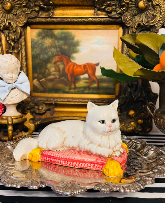 Italian White Persian Cat Lounging on a Pink Pillow with Yellow Tassels