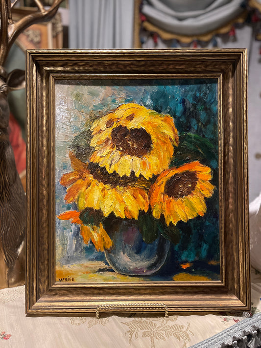 Sunflower Oil Painting, Heavy Palette Work, Painted in Paris