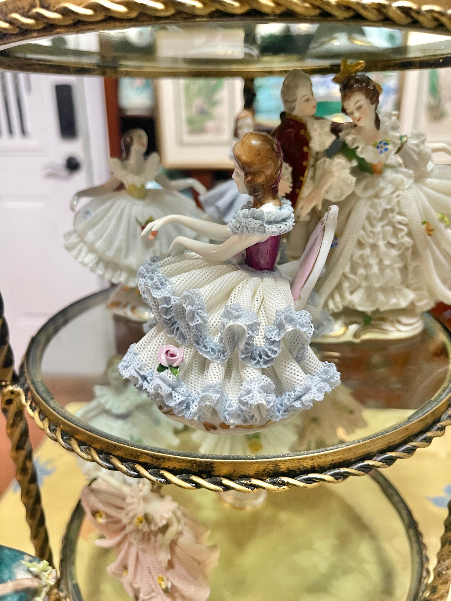German Porcelain Dresden-Style Lace Sitting Figurine | Vintage European Porcelain