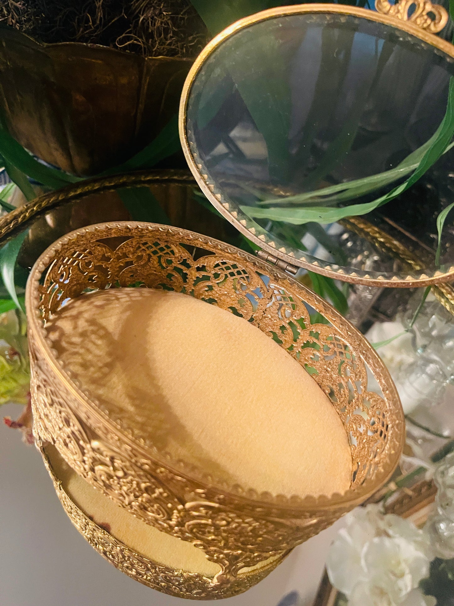 Ornate Round Ormolu & Beveled Glass Jewelry Casket — Vintage Filigree Vanity Box