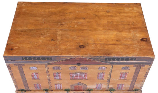 19th Century English Paint-Decorated Blanket Chest, Georgian Manor House Façade, Six Plants in Urns on Columns,  | Estate-Sourced English Folk Art