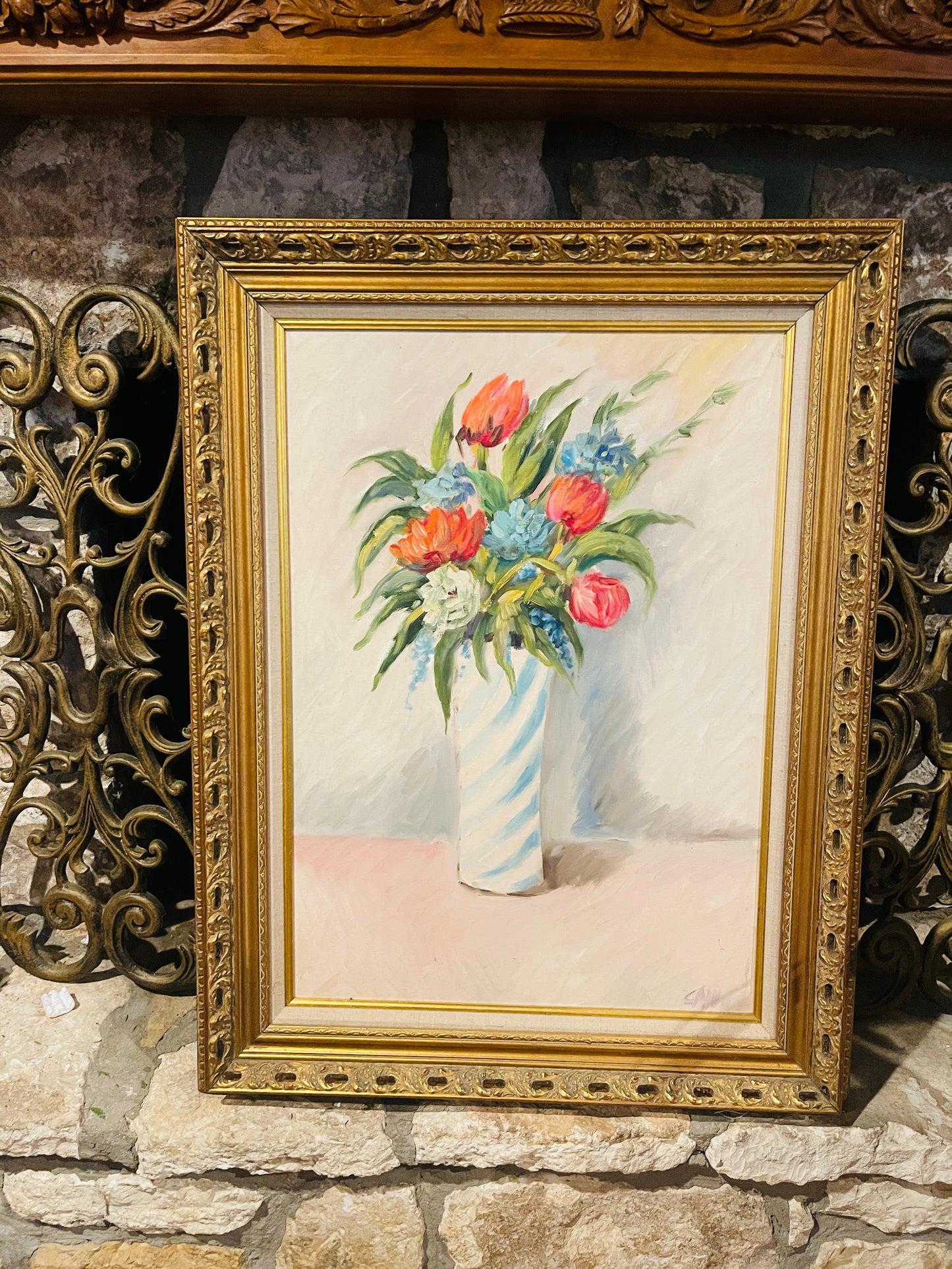 Large Vintage Floral Still Life Oil Painting — Tulips & Blue Blooms in Striped Vase, Ornate Gilt Frame