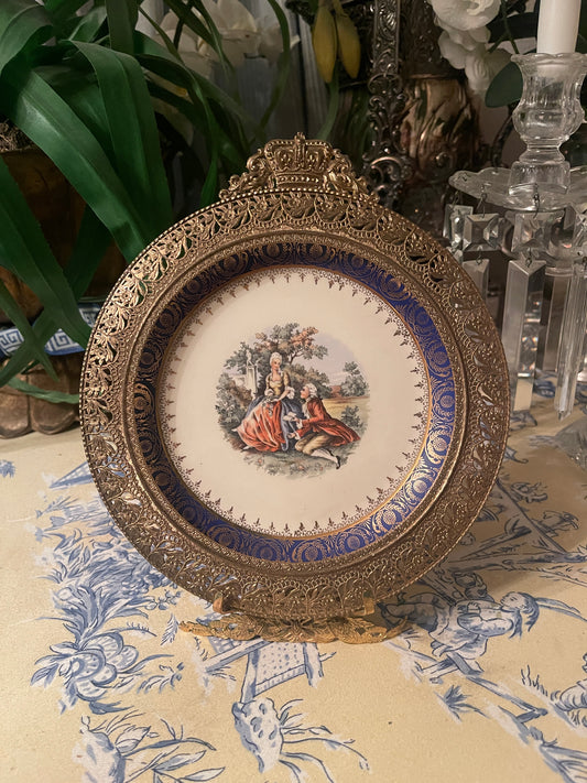 Vintage Pastoral Courting Couple Plate with 22K Gold & Crown Topped Ornate Gilt Holder