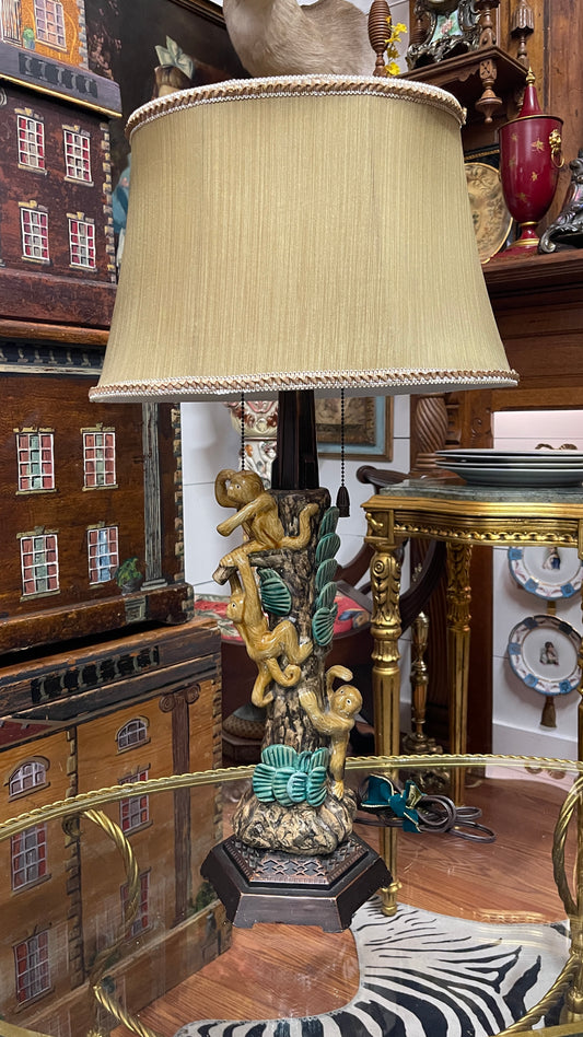 Vintage Majolica-Style Three Climbing Monkeys Lamp |