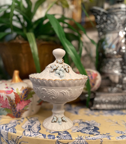 Lefton China Porcelain Lidded Compote with Grapes and Leaves, Blue and White