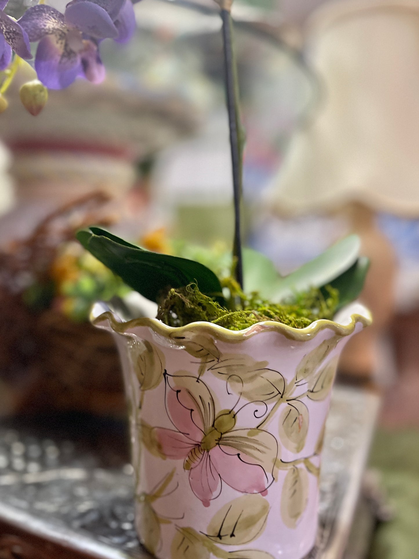 Butterfly Cachepot, Made in Italy, Hand Painted, Pink and Green, Scalloped Edge