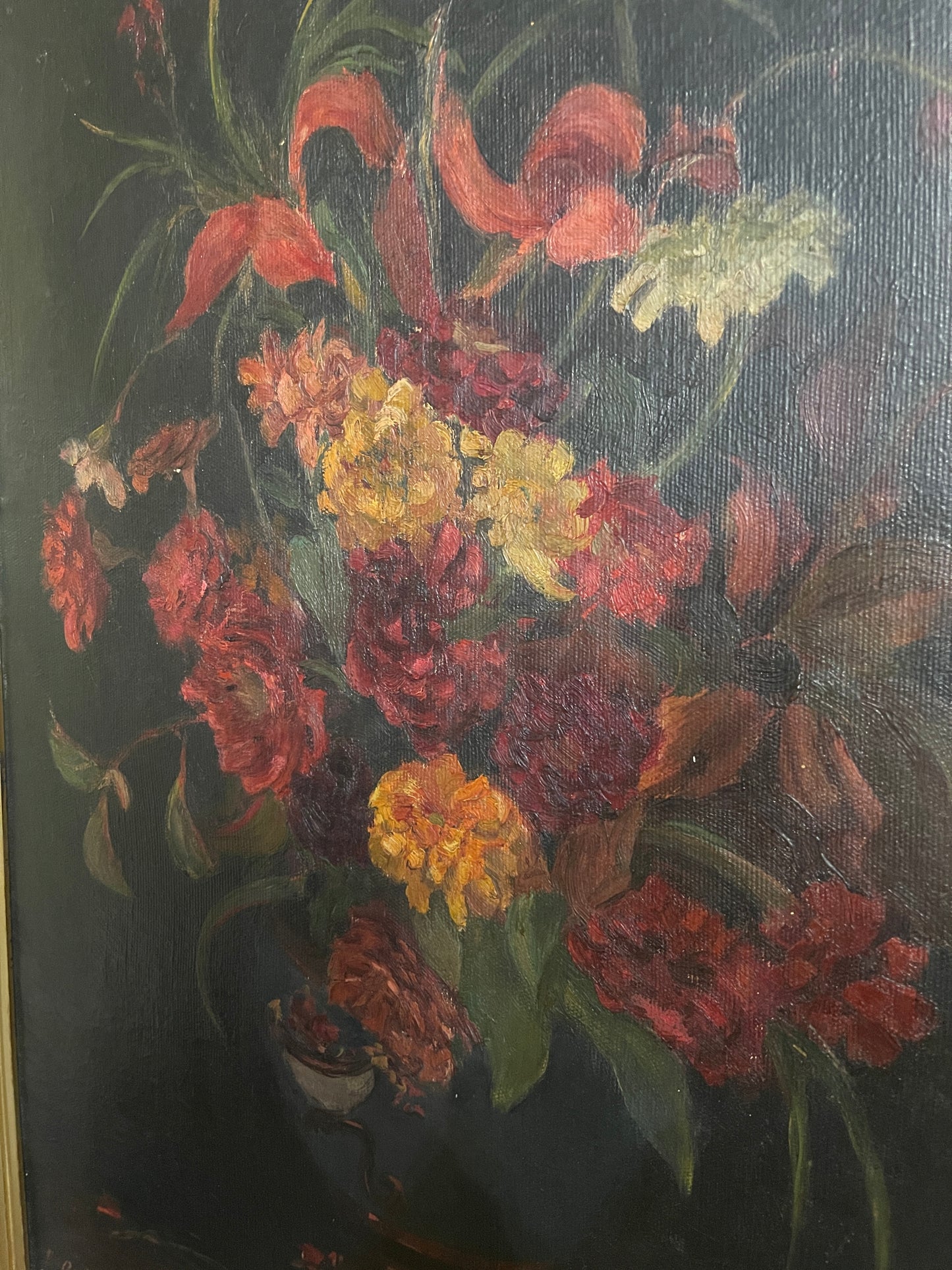 Moody Antique Floral Still Life Painting, Oil on Linen, Signed, Ornate Gold Frame