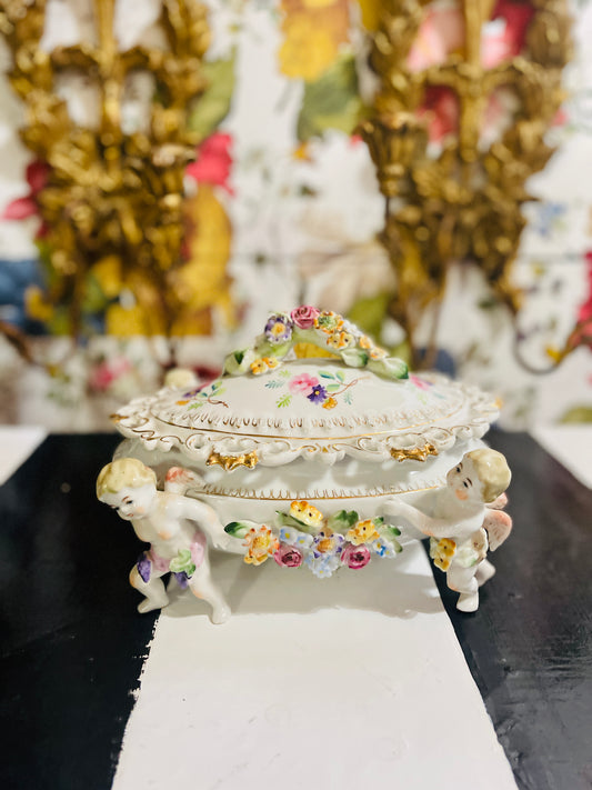 Antique French Porcelain Camille Naudot Figural Cherubs Lidded Dish Made in France