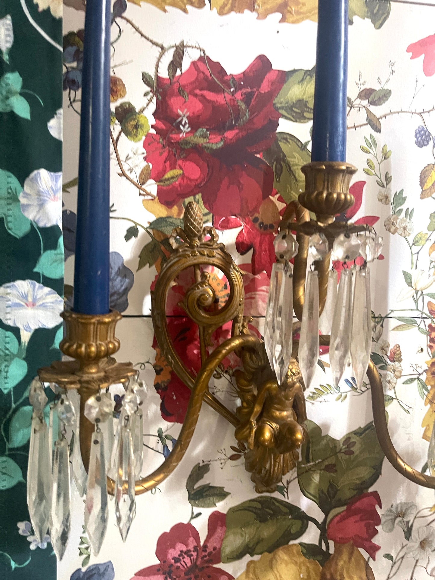 Antique Victorian Putti Wall Sconces With Crystal Prisms — Ornate Brass Cherub Candle Sconces (Pair)